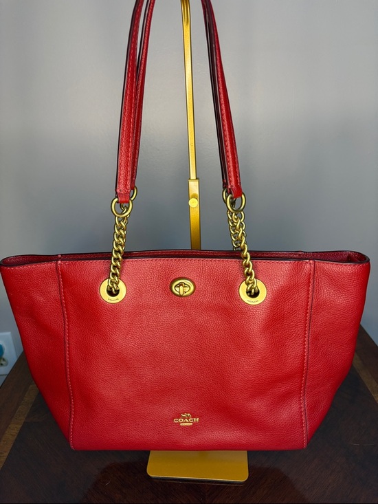 Coach Handbags - Coach Red Leather Tote with Gold Chain Handles Turnlock